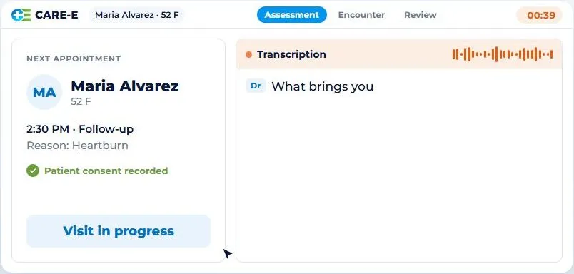 CARE-E visit screen with the appointment details and a live transcription panel